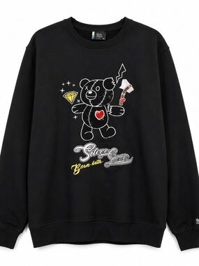 Bleecker & Mercer Born With Silver Spoon Bear Crewneck L Black Y2K